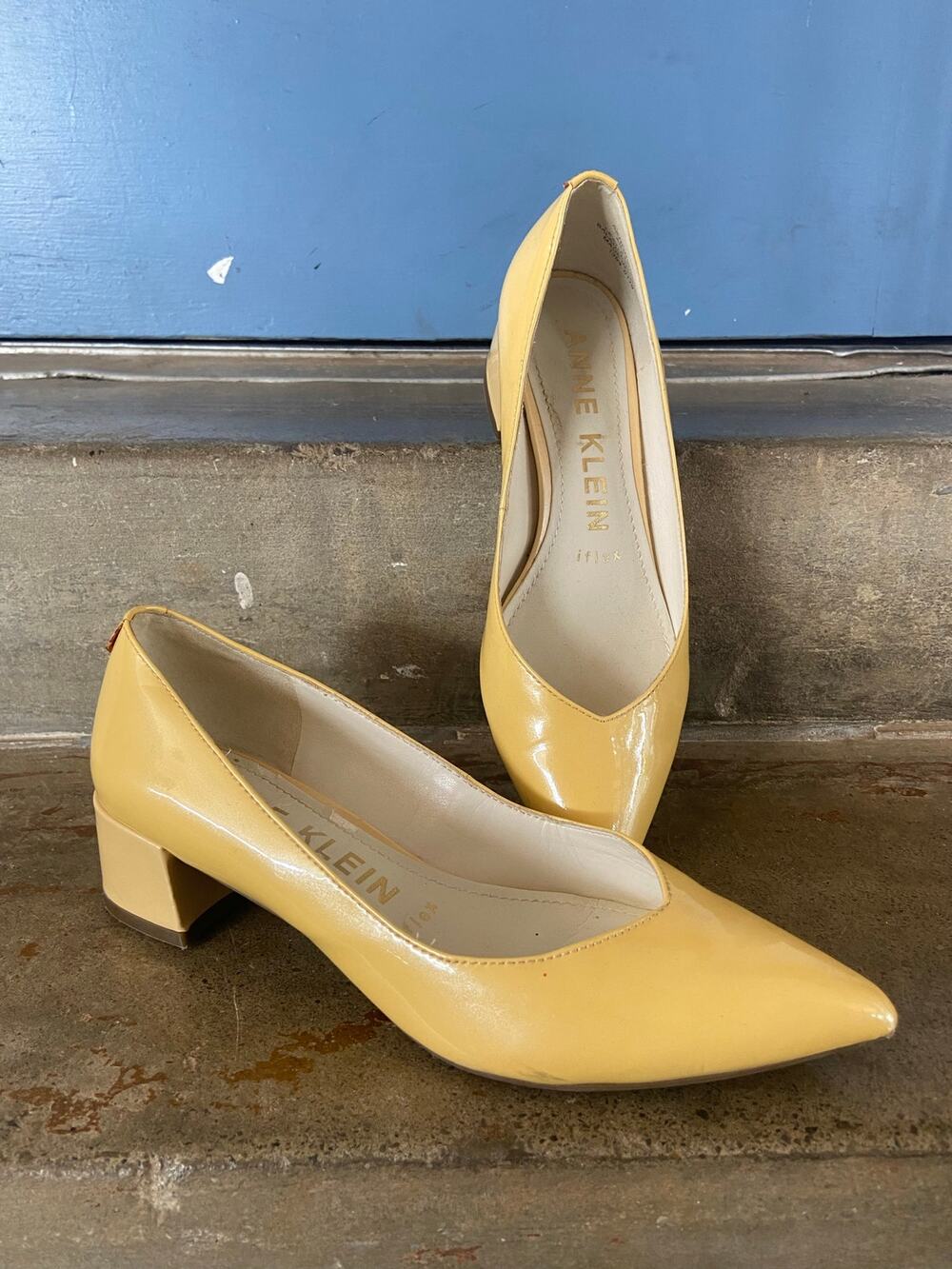 Anne Klein Aknorwood yellow patent leather pointy toe low block heel pump.